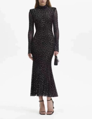 Self-Portrait Polyester Rhinestone Long Sleeves Midi Dress for Women Black  | eBay | eBay US