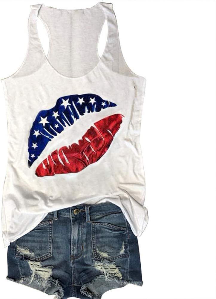 4th of July Tank Women American Flag Lips Funny Graphic Casual Sleeveless Tee Top | Amazon (US)