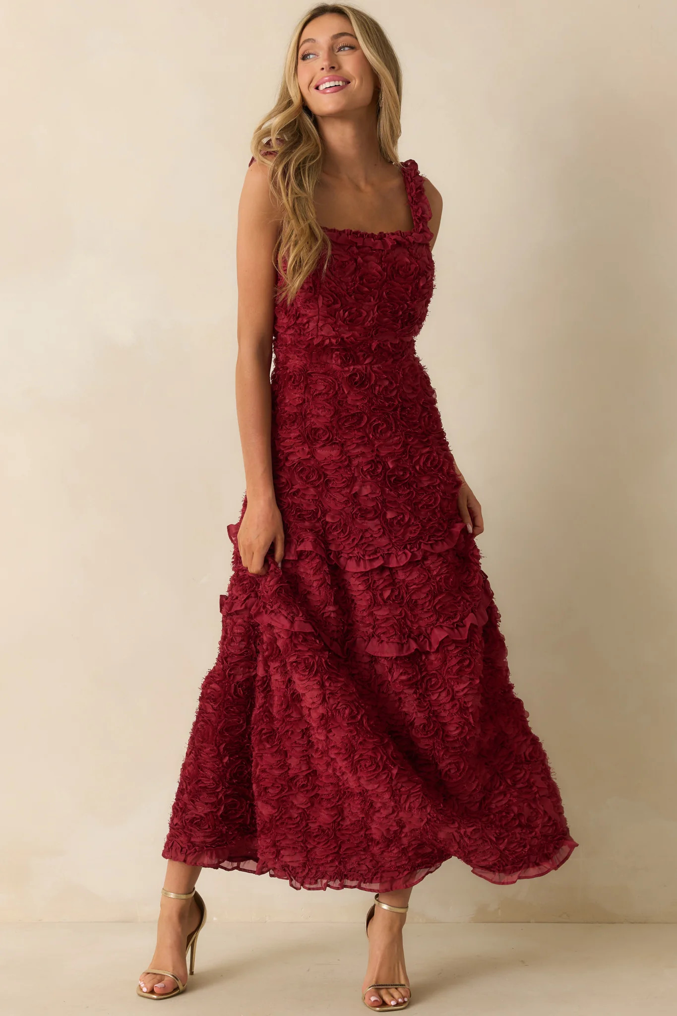 Something Good Wine Red Floral Applique Maxi Dress | Red Dress