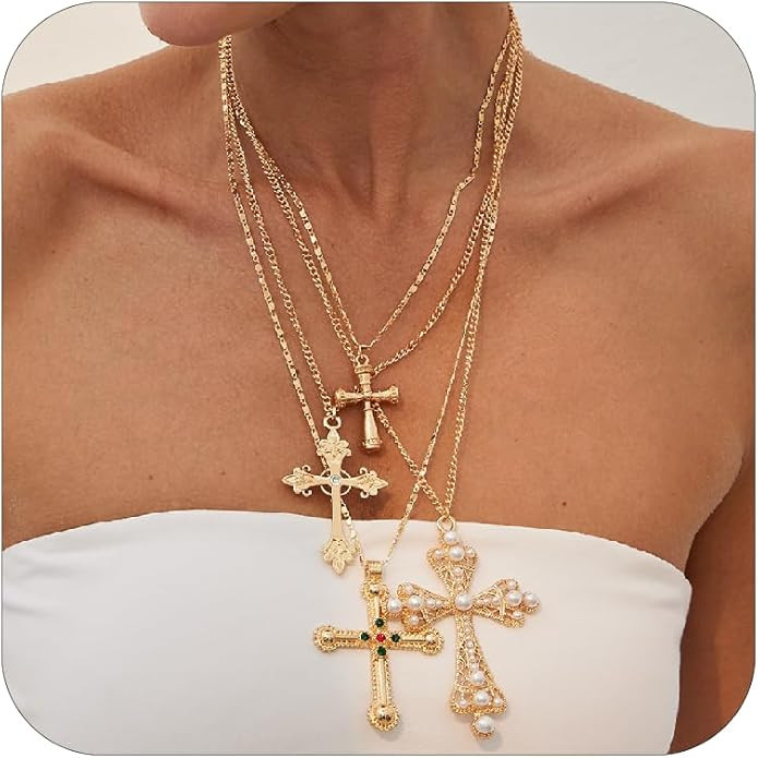 Cross Necklace for Women Gold Long Chain Layered Cross Crystal Necklace Pearl Cross Pendant Neckl... | Amazon (US)