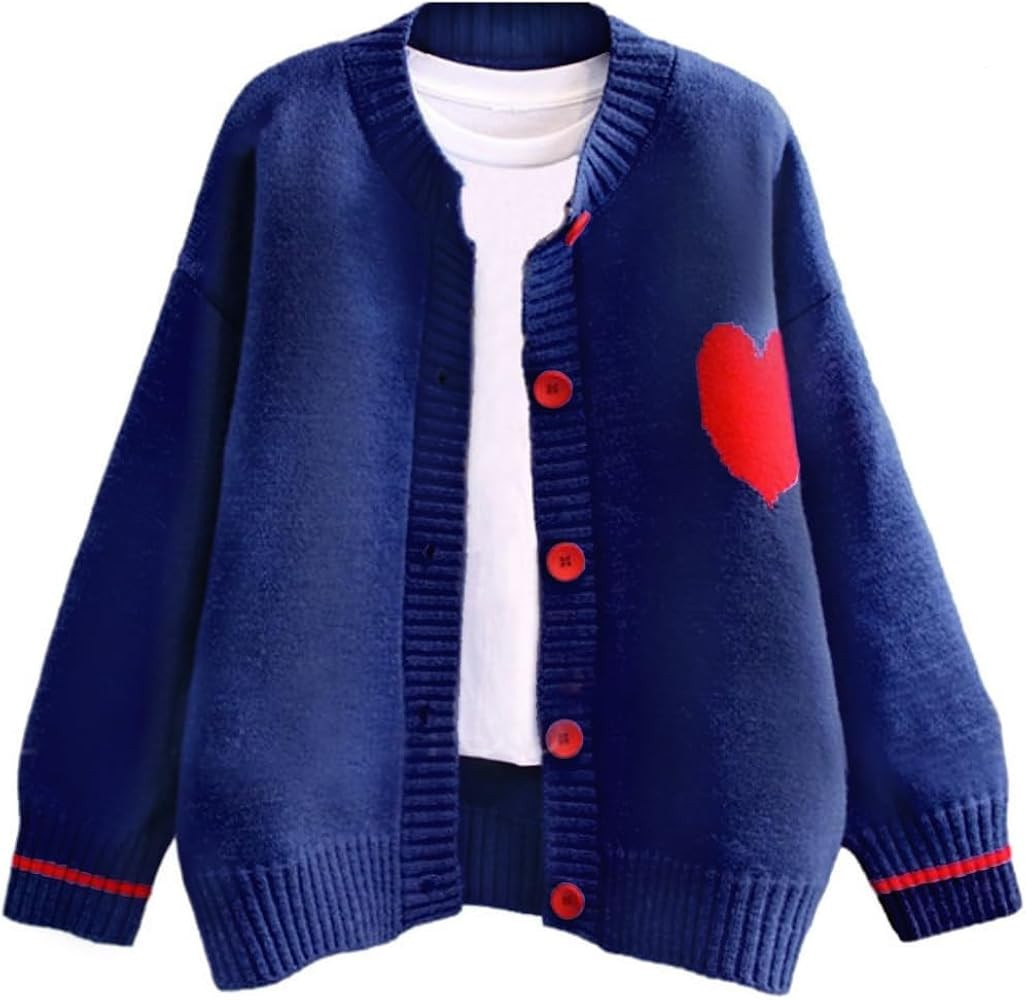 FindThy Women's Cute Cardigan Sweater Kawaii Love Heart Print Y2K Button Knitted Outerwear | Amazon (US)