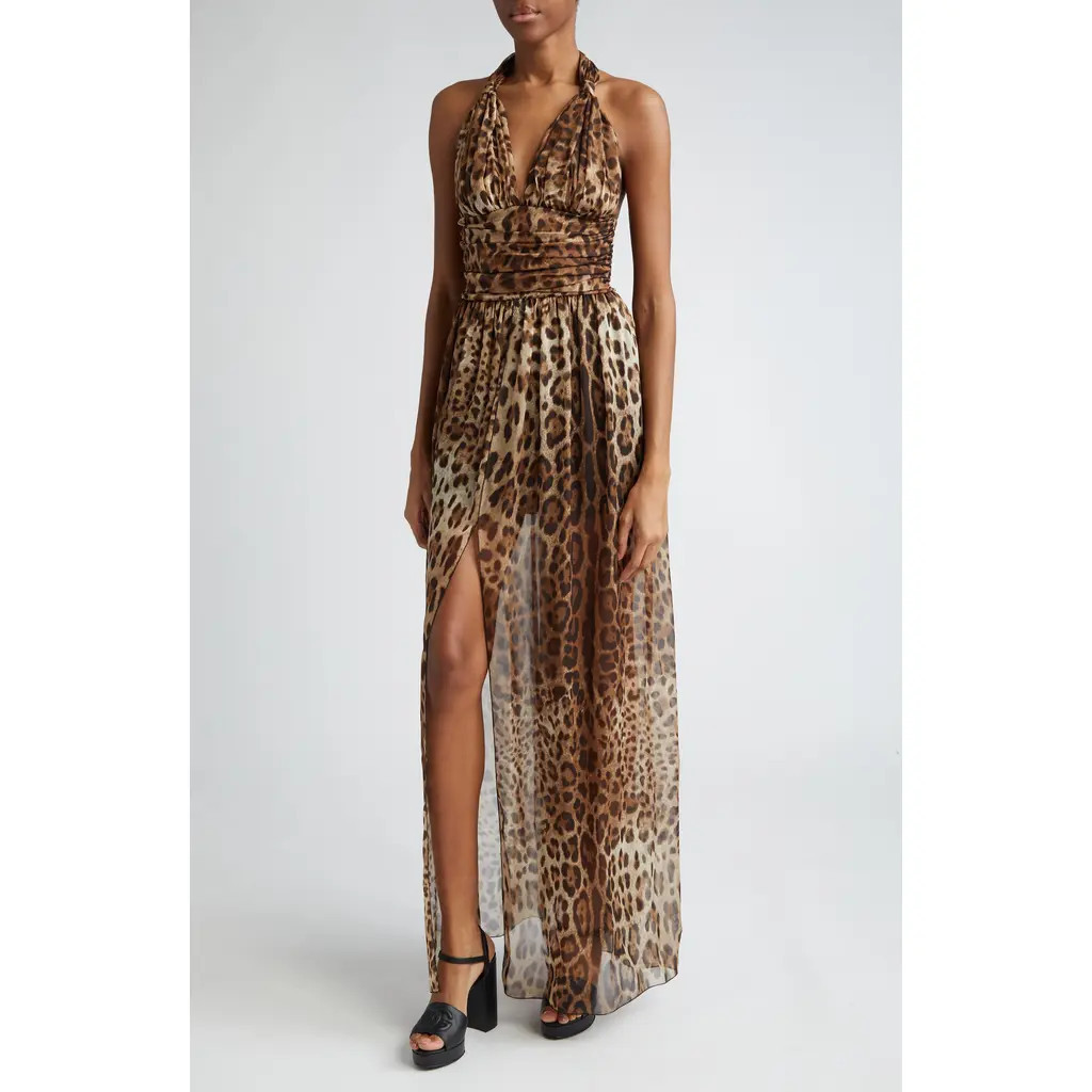 Dolce&Gabbana Leopard Print Silk Chiffon Halter Dress in Hy13M Leo New at Nordstrom, Size 40 | Nordstrom
