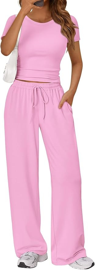 Trendy Queen 2 Piece Matching Summer Sweatsuit Lounge Set Womens Wide Leg Pants Side Ruching Crop... | Amazon (US)