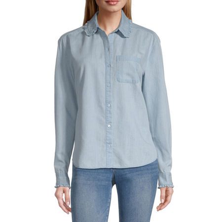 a.n.a Womens Long Sleeve Twill Blouse, Small , Blue | JCPenney