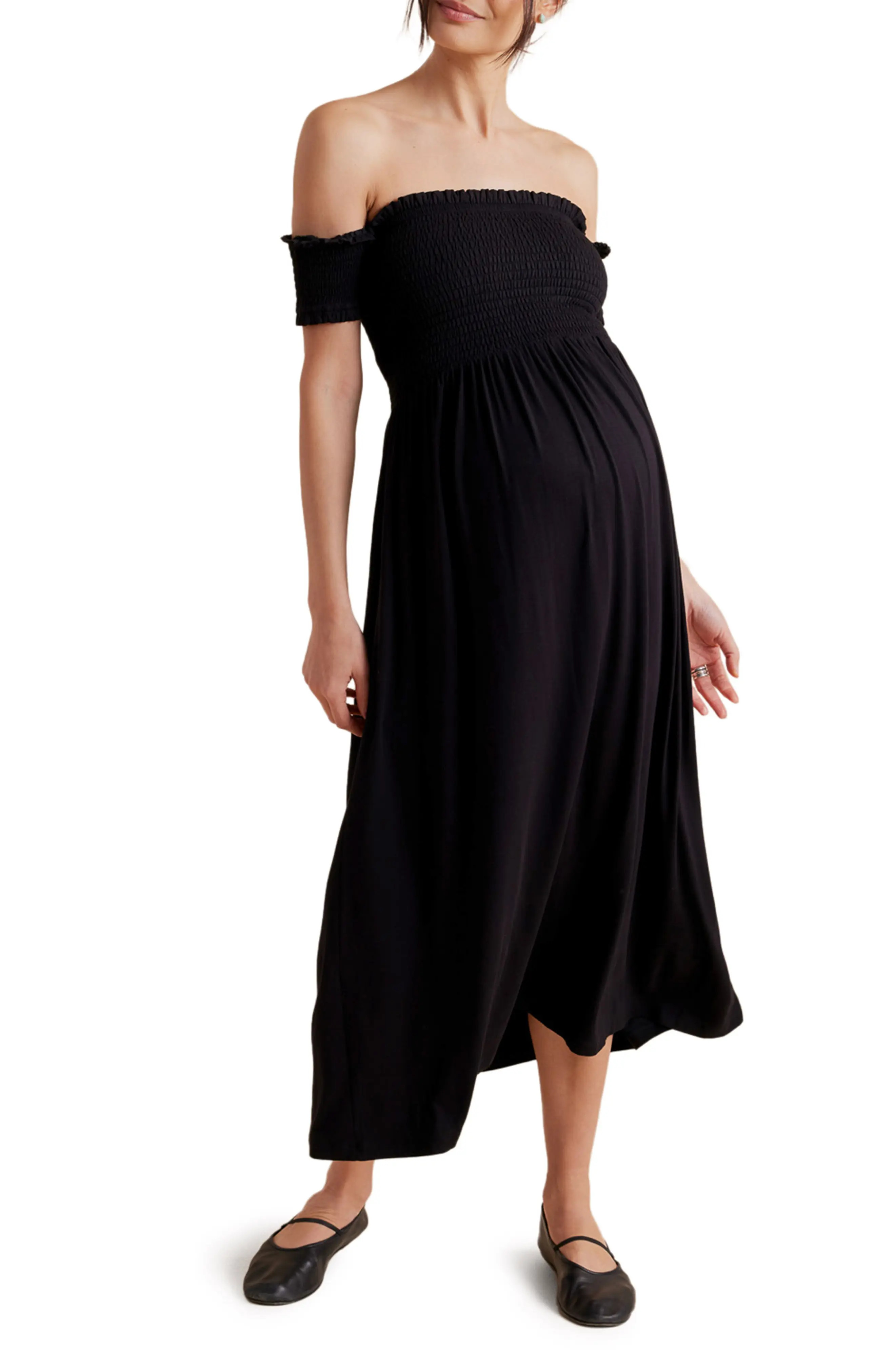 A PEA IN THE POD Off the Shoulder Maternity Midi Dress in Black at Nordstrom, Size X-Large | Nordstrom
