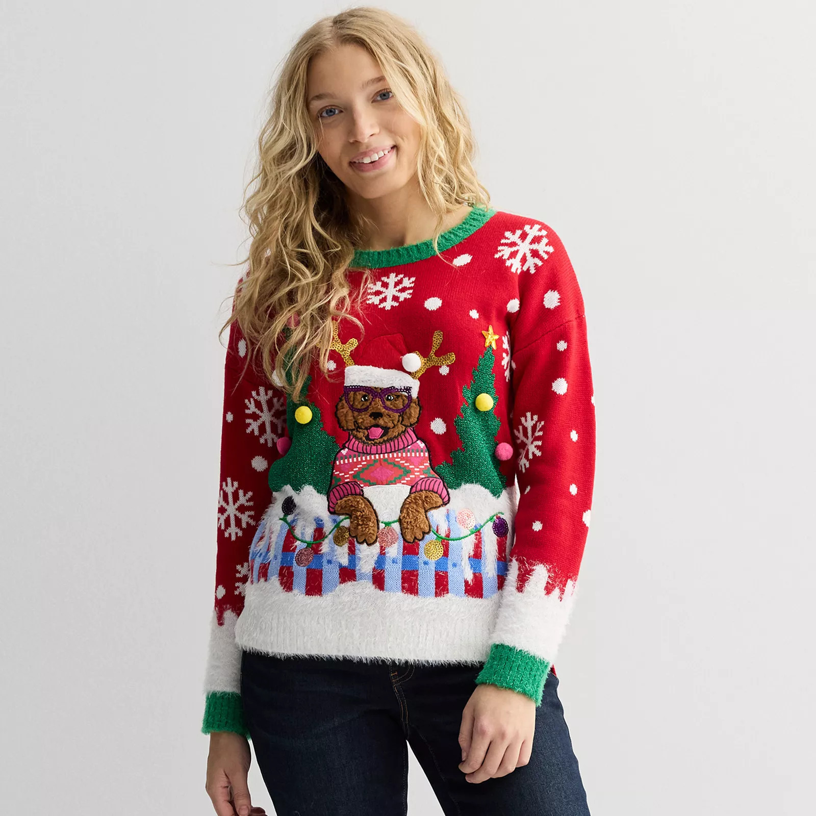 Women's Jollidays Long Sleeve Holiday Crewneck Sweater, Girl's, Size: XL, Red Dog | Kohl's