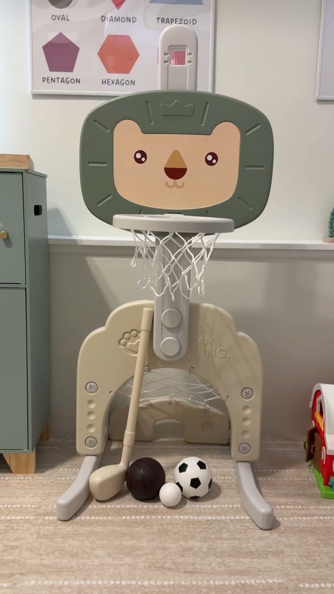 Aesthetic basketball hoop, soccer goal and golf net! Love this activity center, and it comes in so many cute colors for my toddler! 