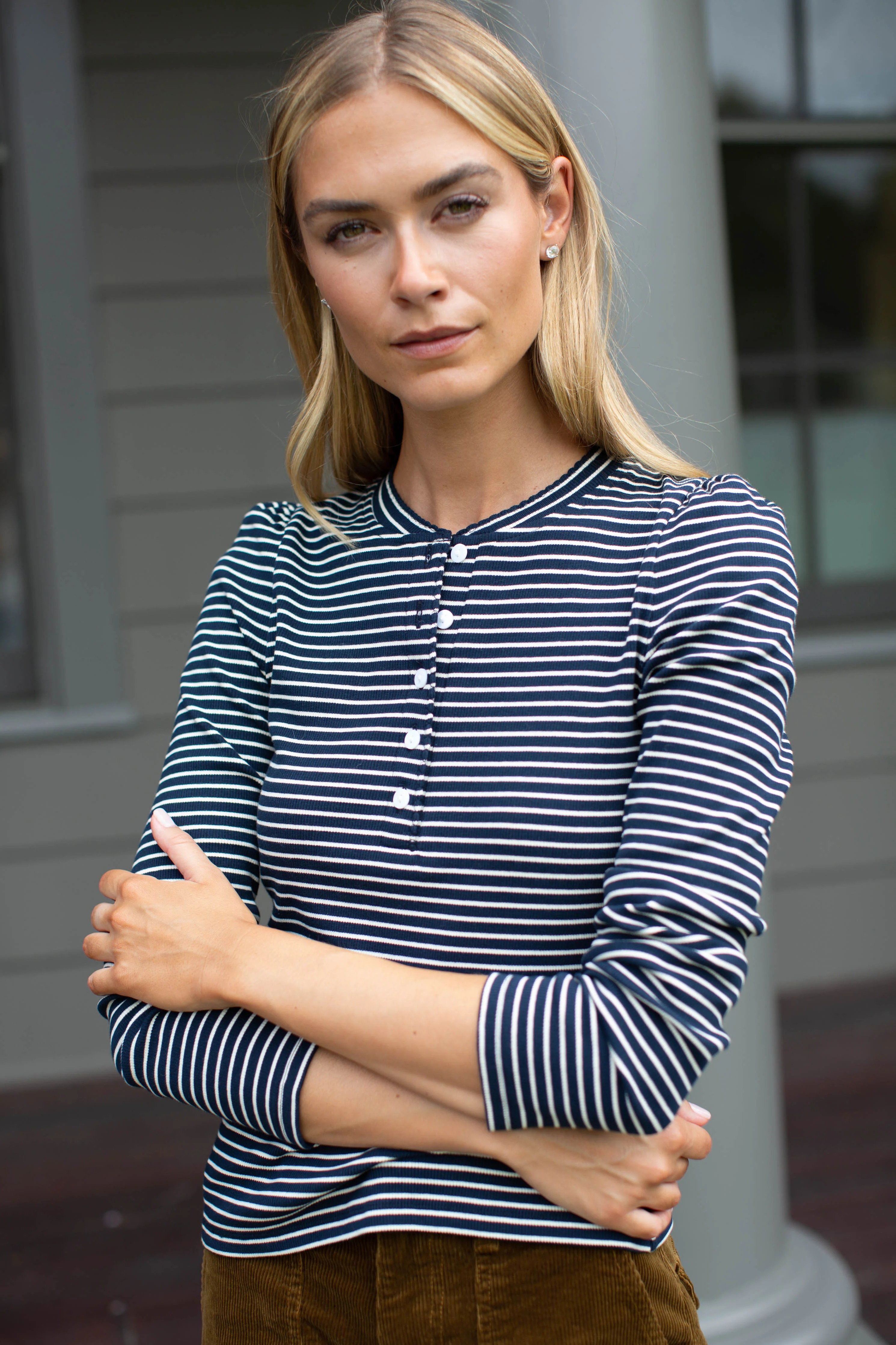 Puff Sleeve Cotton Henley - Navy/Ivory Stripe | Marea