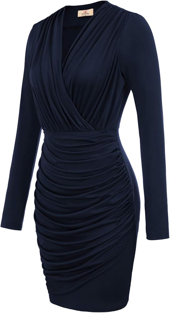 GRACE KARIN Women's Retro Long Sleeve Ruched Wrap Party Pencil Dress | Amazon (US)