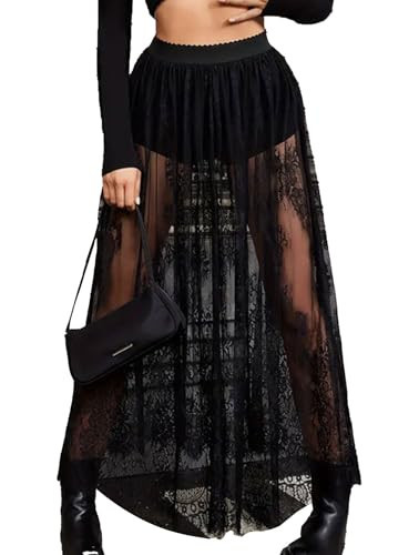 Sewius Women's Sheer Lace Maxi Skirt High Waist Sheer Mesh A Line Flowy Long Skirt Black X-Large | Amazon (US)