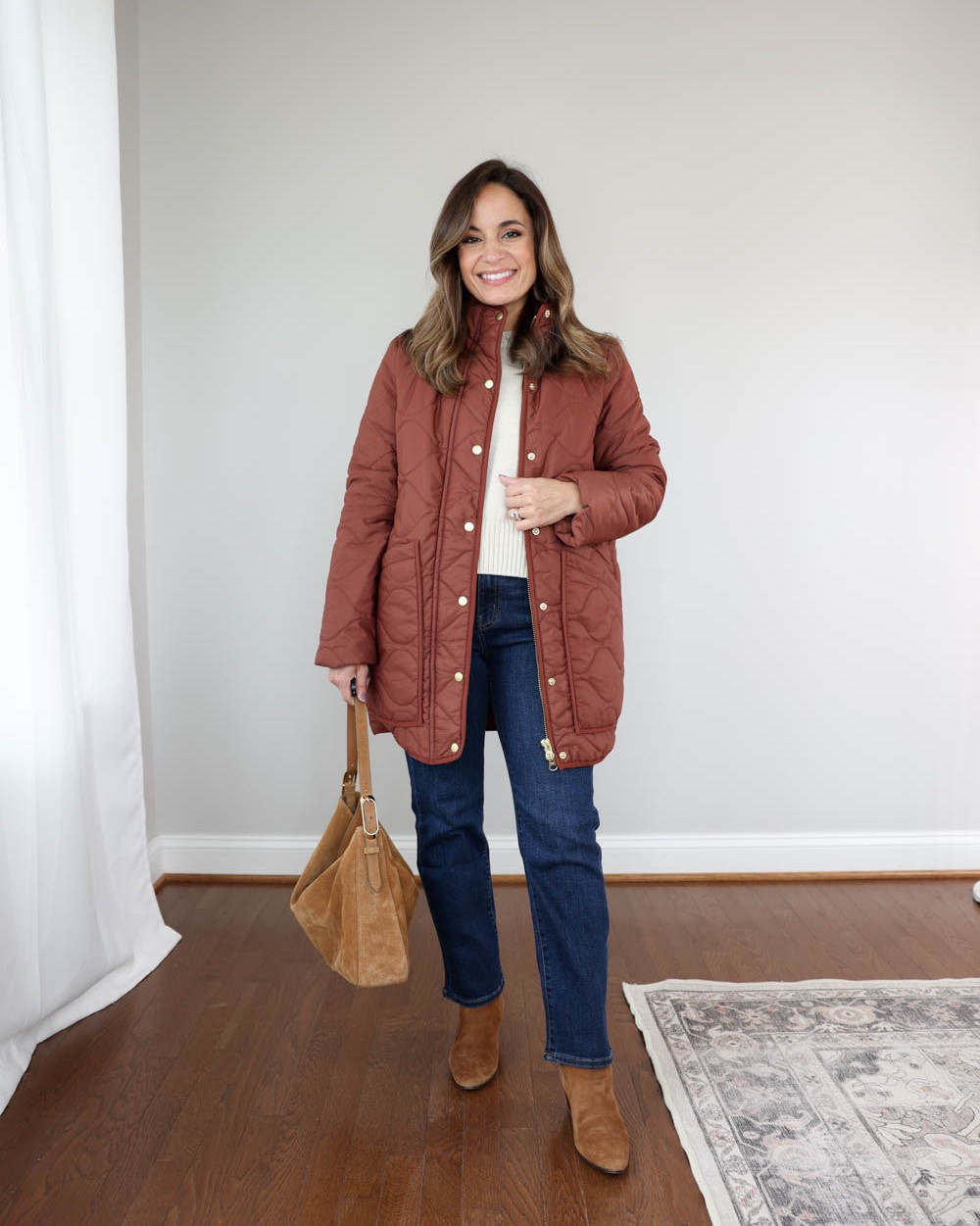 One of my favorite quilted puffers for Fall styled three ways for petites!

Coat (Quince): xs - tts in redwood brown (I wear the sleeves cuffed under)

Outfit 1:
Jeans (Quince): 24 x 26”
Sweater (Quince): xs in speckled beige 
White long sleeve (Quince): tts
Boots: tts

Outfit 2:
Leggings (Spanx): xs in truffle brown - the 7/8 length is full length on me
Top (Spanx): xs in truffle brown
White top (Quince): xs
Socks (Amazon)
Bag (Quince)
Shoes (Hoka): tts 

Outfit 3:
Navy sweater (Quince): xs
White top (Old Navy): petite xs
Relaxed straight jeans (Quince): 24 short (10” rise, 28” inseam)
Sneakers (Gola): tts

For size comparison: 32”, 24”, 36” / 25” ankle inseam 27.5-28” full length inseam

#LTKPetite #LTKSaleAlert #LTKSeasonal