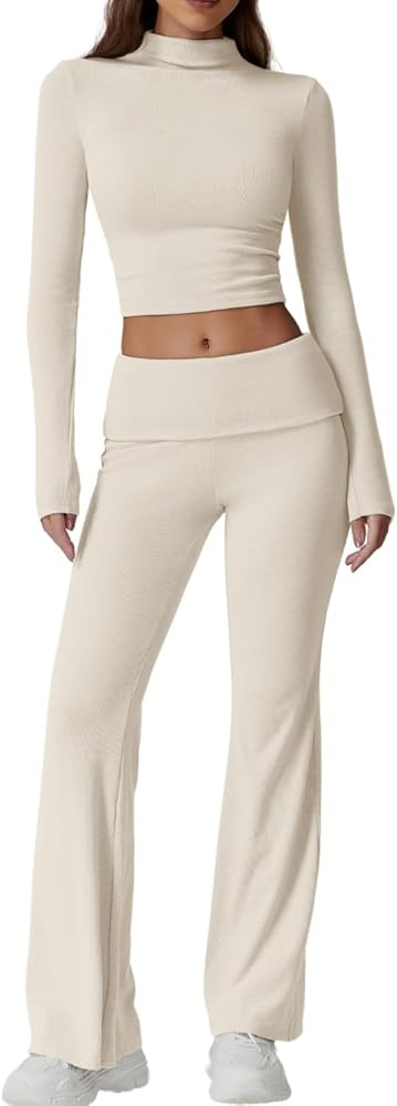 QINSEN Womens 2 Piece Lounge Sets Mock Neck Long Sleeve Tops with Side Ruched Fold Over Flare Pan... | Amazon (US)