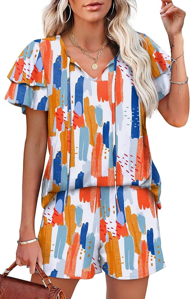 WIHOLL Summer Outfits for Women 2 Piece Short Sleeve V Neck Lounge Sets Casual | Amazon (US)