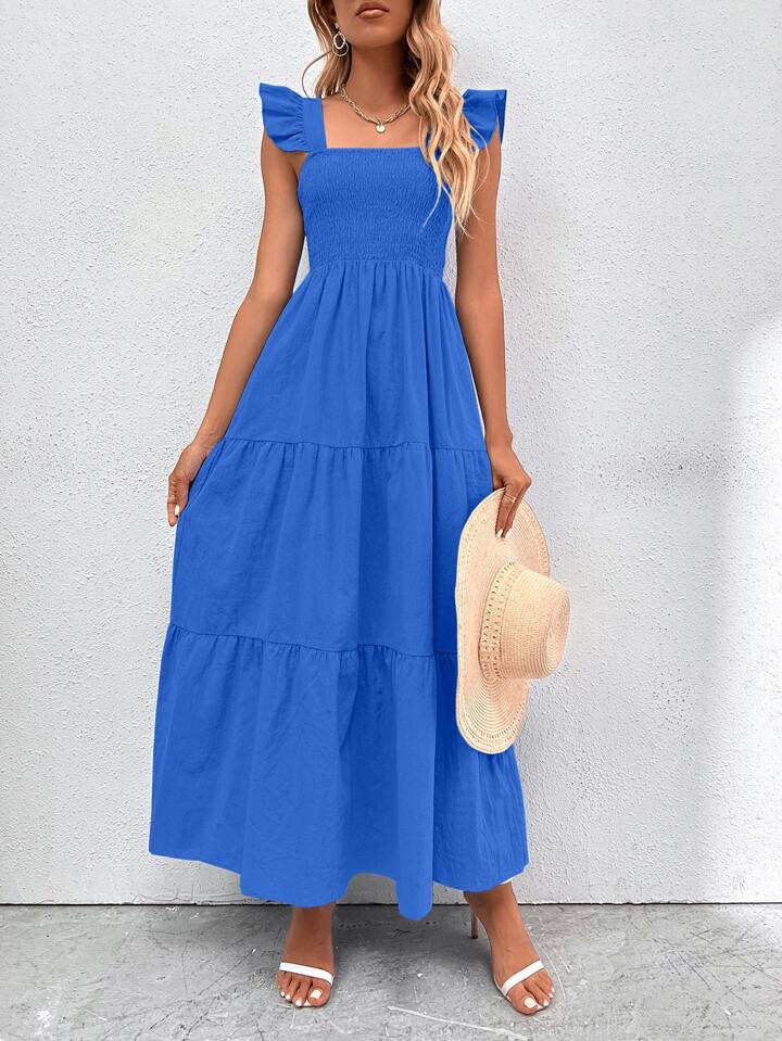 SHEIN VCAY Shirred Bodice Ruffle Hem Dress | SHEIN