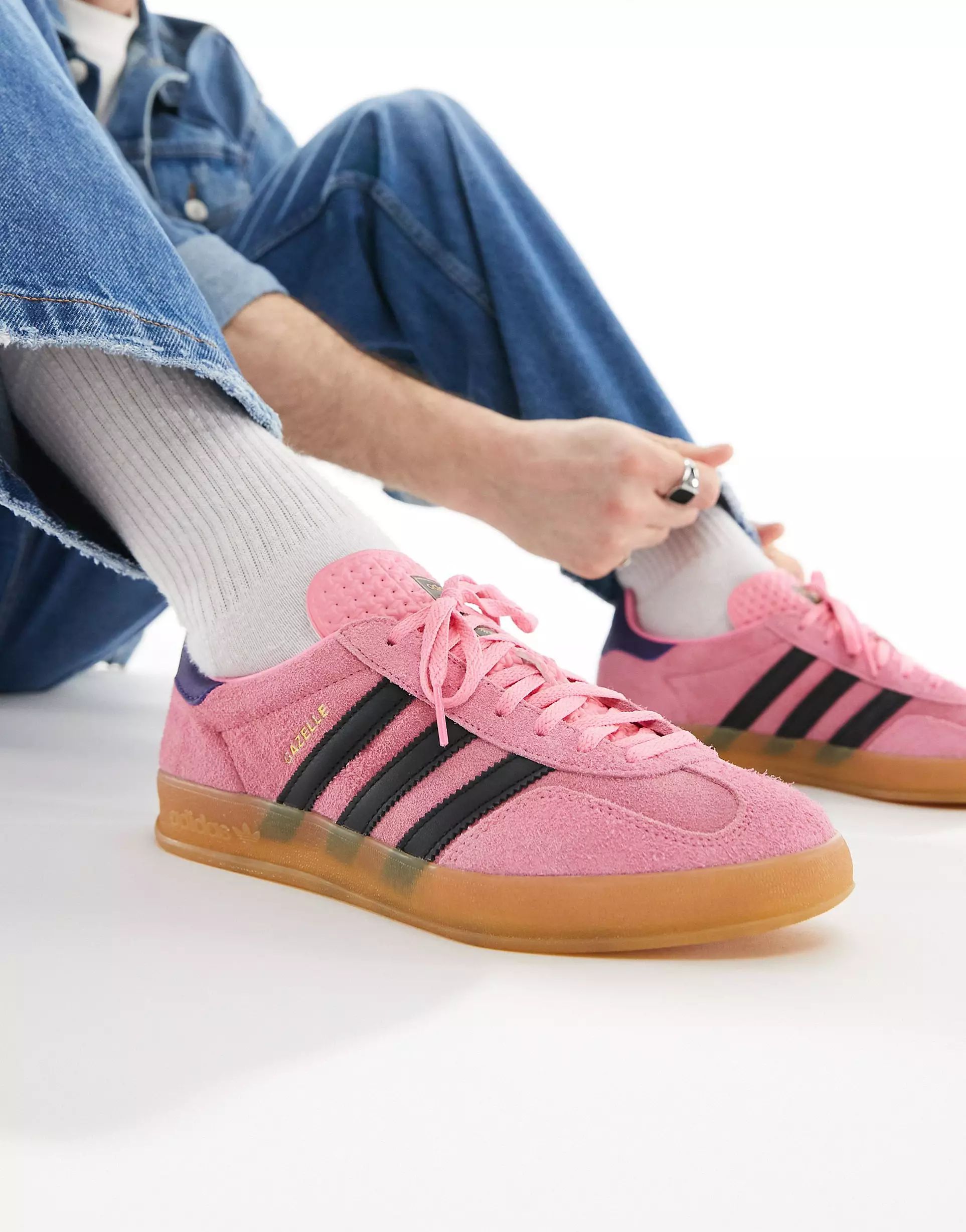 adidas Originals Gazelle Indoor trainers in pink and black with gum sole | ASOS (Global)