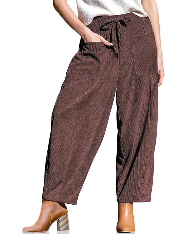 TARSE Women’s Corduroy Pants Baggy Wide Leg Pants Casual Elastic Waisted Palazzo Harem Pants wi... | Amazon (US)