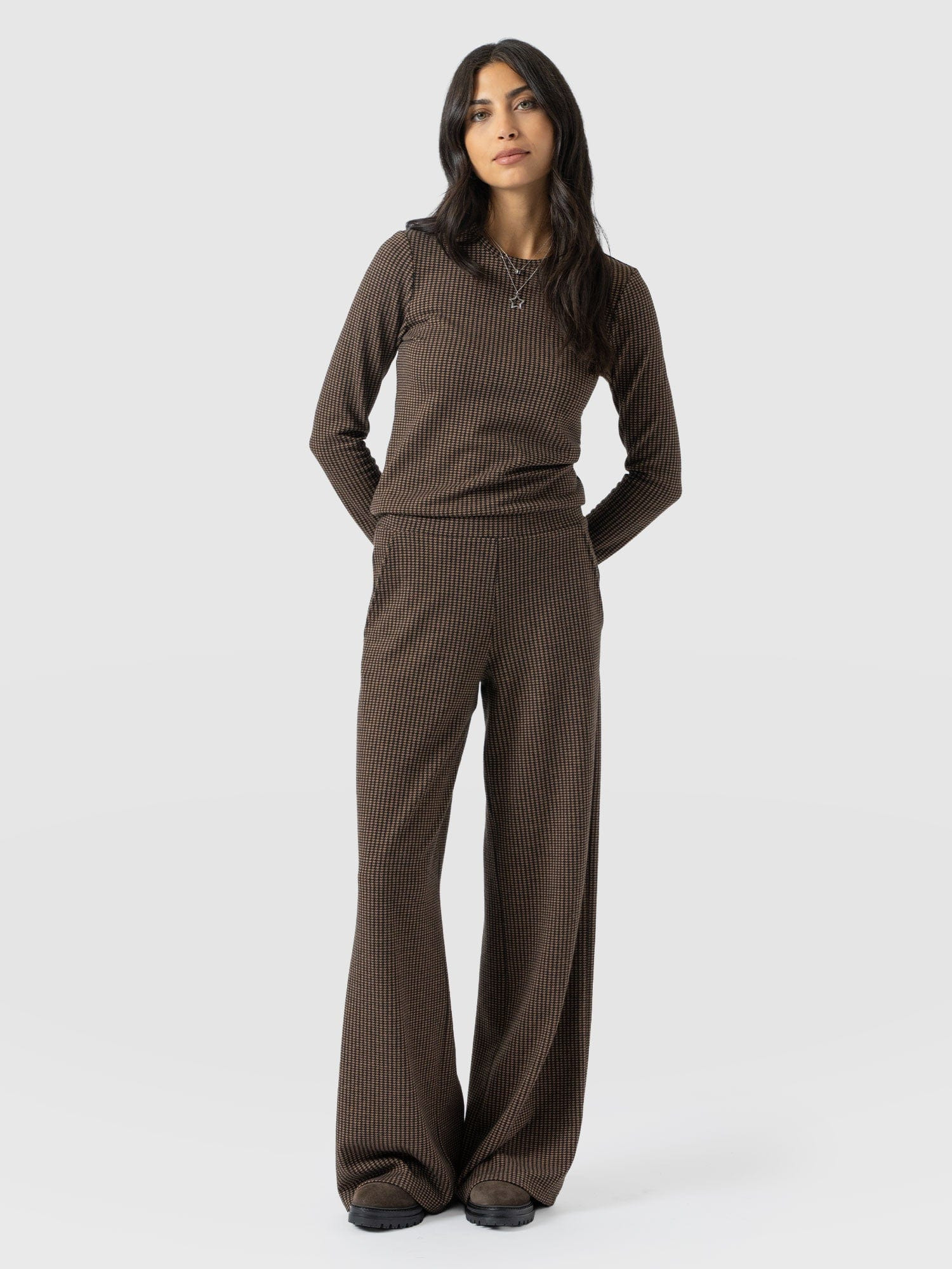 Keller Wide Leg Pant - Brown Mini Houndstooth | Saint + Sofia