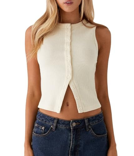 Women Button Down Crop Tank Top Ribbed Knit Button Up Vest Crew Neck Slim Fit Open Front Sleeveless Shirt Tops (Beige, S) | Amazon (US)