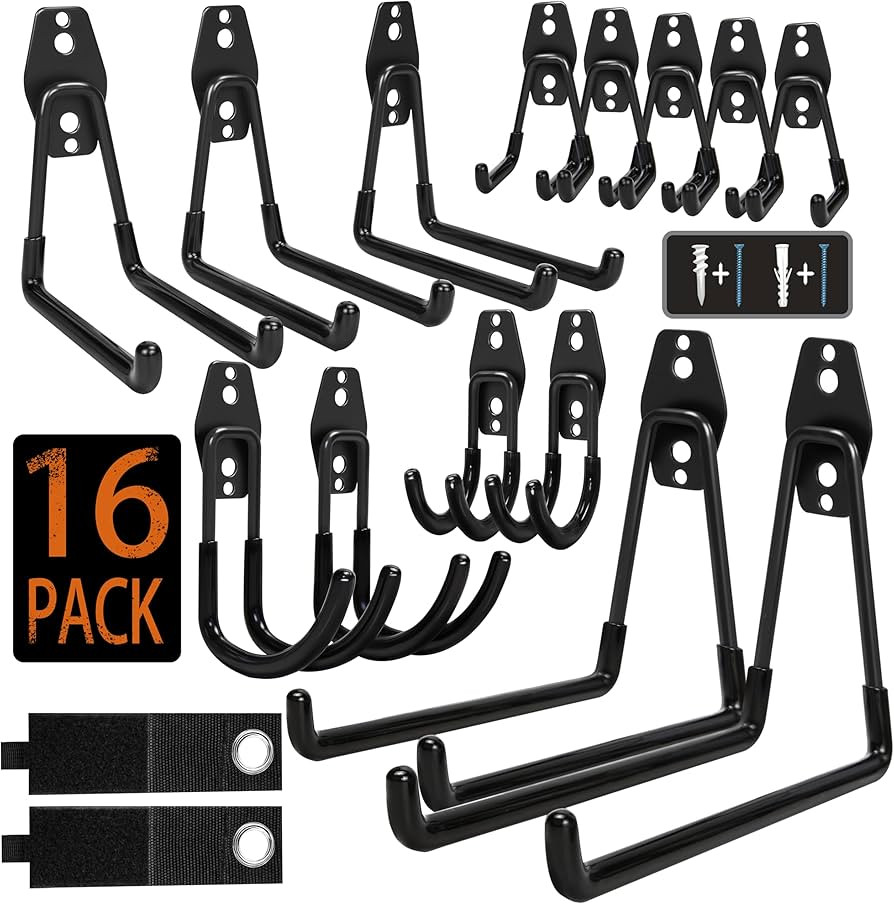 Steel Garage Storage Hooks - 16 Pack Anti-Slip Coating, Heavy Duty Wall Mount Hooks for Hanging B... | Amazon (US)