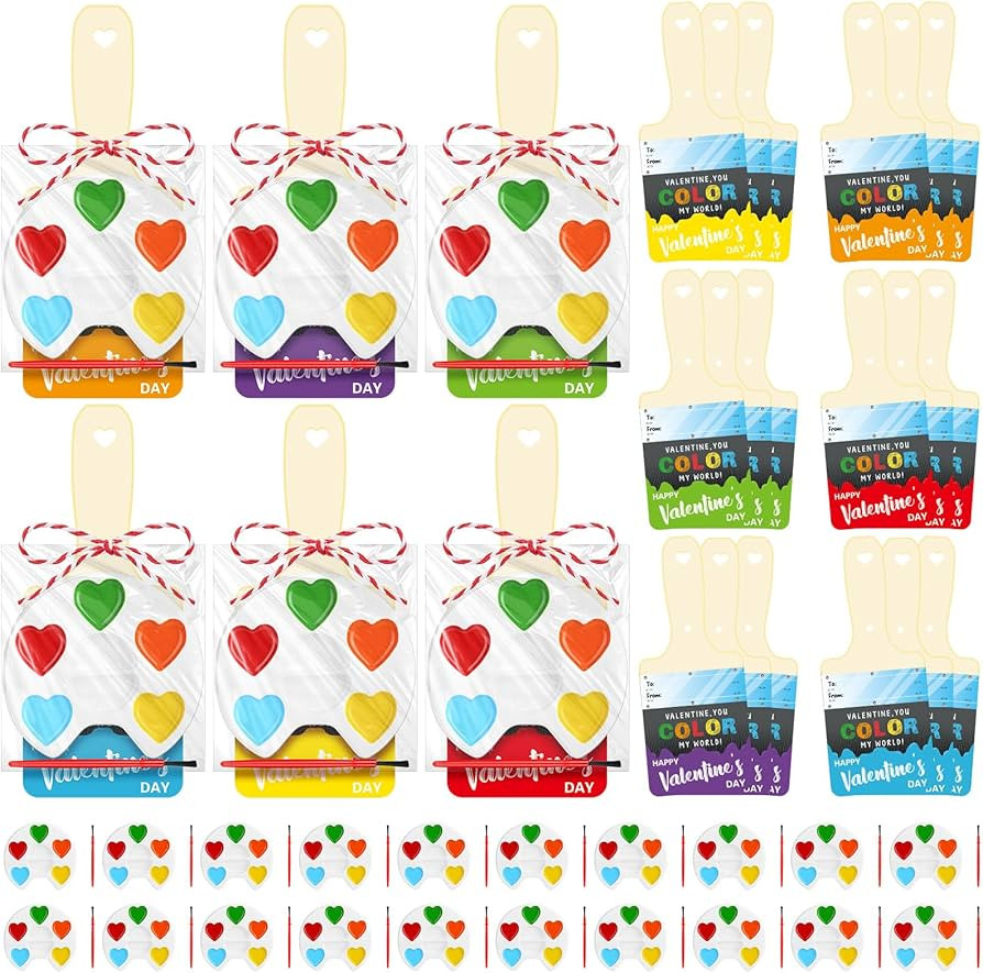 Noveread 24 Pack Watercolor Paint Sets for Valentine's Day Gifts Include 24 Pcs Valentines Cards ... | Amazon (US)