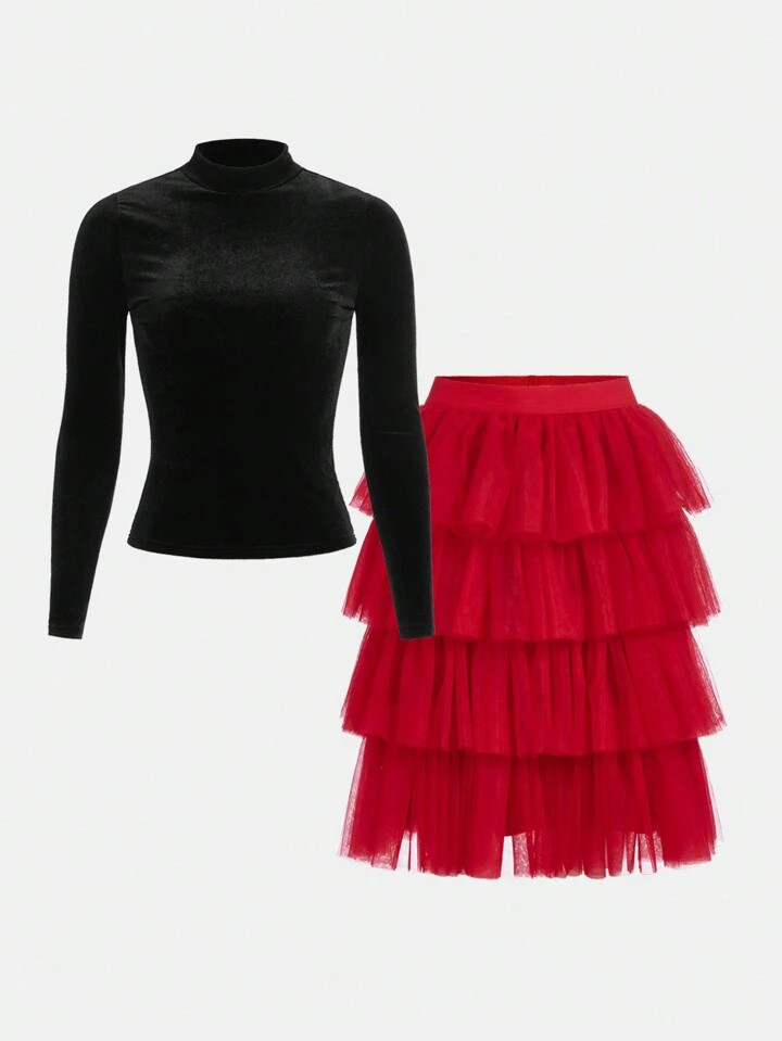Teen Girl Mock Neck Velvet Tee & Layer Hem Mesh Skirt for Christmas | SHEIN
