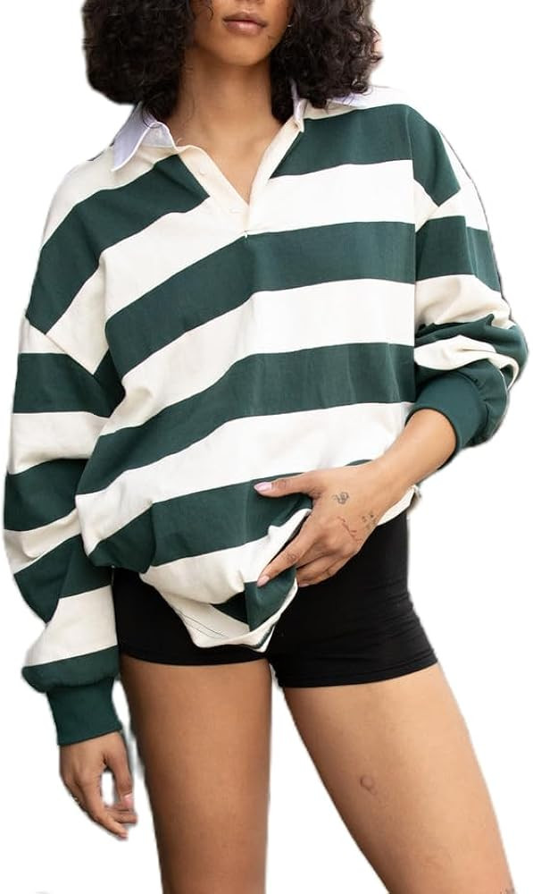 Women Rugby Polo Shirt Vintage Long Sleeve Oversized Striped Shirt Y2k Lapel Collar Pullover Crop... | Amazon (US)