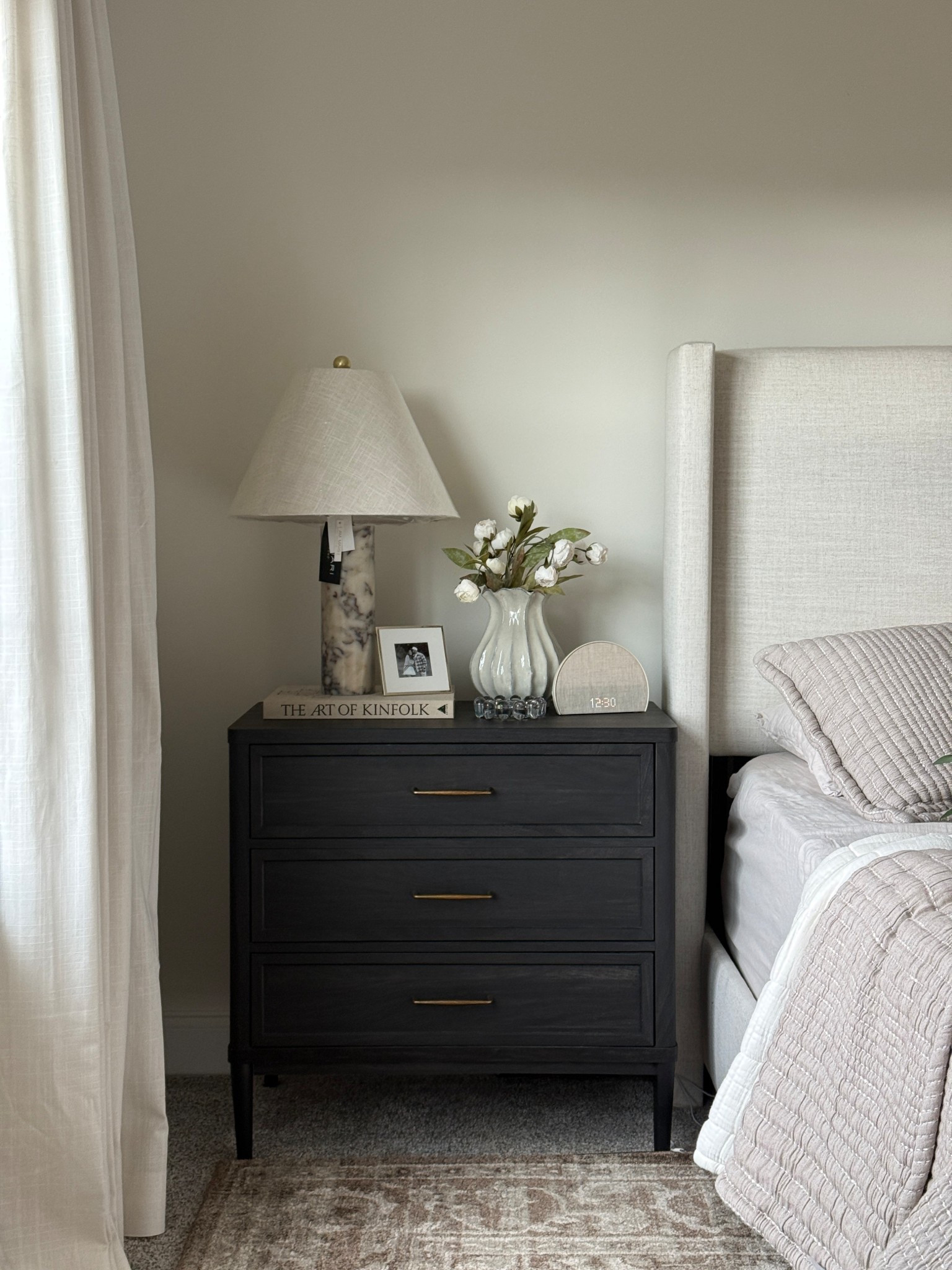 Bed frame in the color Talc linen. 
Lola code for 35% off: MARKYKEEE

Bedroom inspo, nightstands, black nightstands, bedroom loloi rug. Bedroom decor. Neutral bedroom. Bedding, neutral bedding. 

#LTKHome