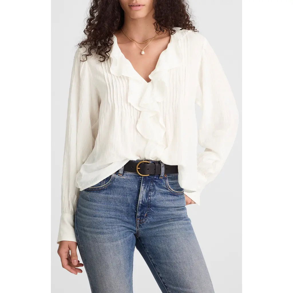 Madewell Ruffled Pintuck Long Sleeve Top in Ivory at Nordstrom, Size Large | Nordstrom