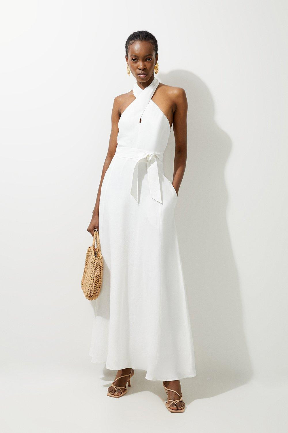Fluid Tailored Halterneck Belted Maxi Dress | Karen Millen US