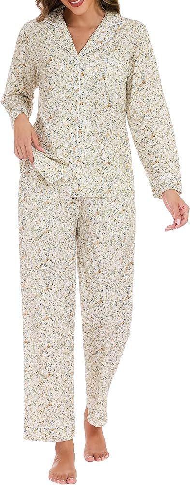 LUBOT 100% Cotton Pajamas for Women Poplin Woven PJ Set 2 Piece with Pockets Button Long Sleeve P... | Amazon (CA)
