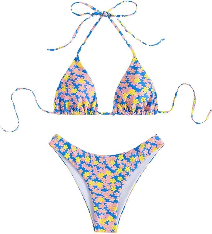 Women's Floral Print Halter Triangle Bikini Set Bathing Suits 2 Piece Swimsuits | Amazon (US)