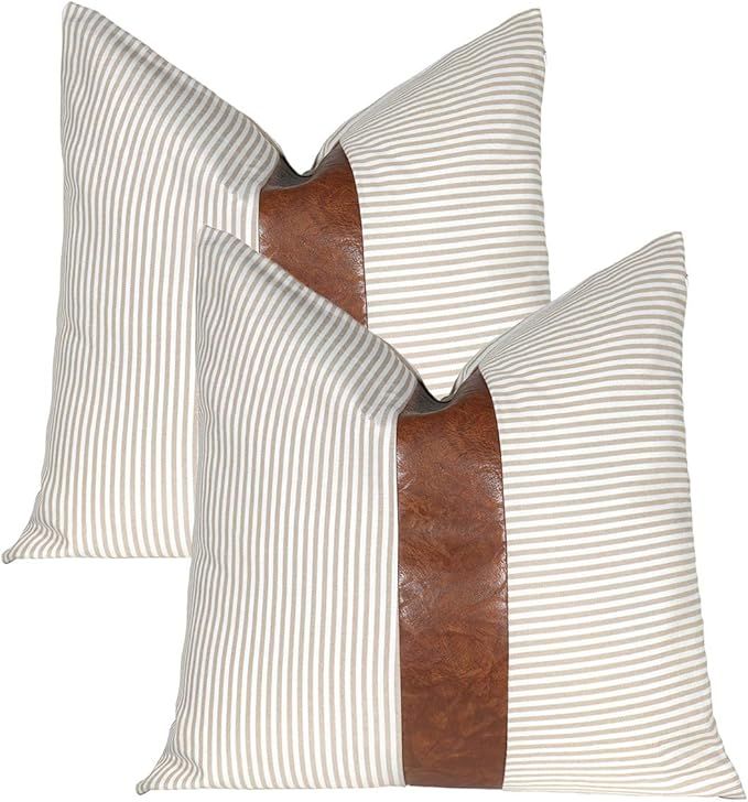 Kiuree Cute Faux Leather Pillow Covers 20x20 Set of 2 Ticking Striped Farmhouse Decorative Throw... | Amazon (US)