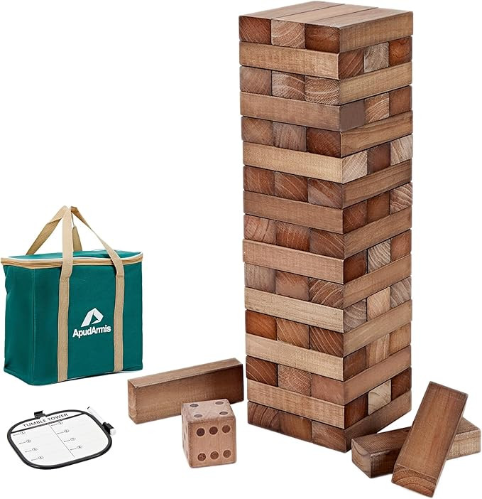 ApudArmis Giant Tumble Tower Stack to Over 5Ft, 60 PCS Pine Wooden Stacking Timber Game with 1 Di... | Amazon (US)