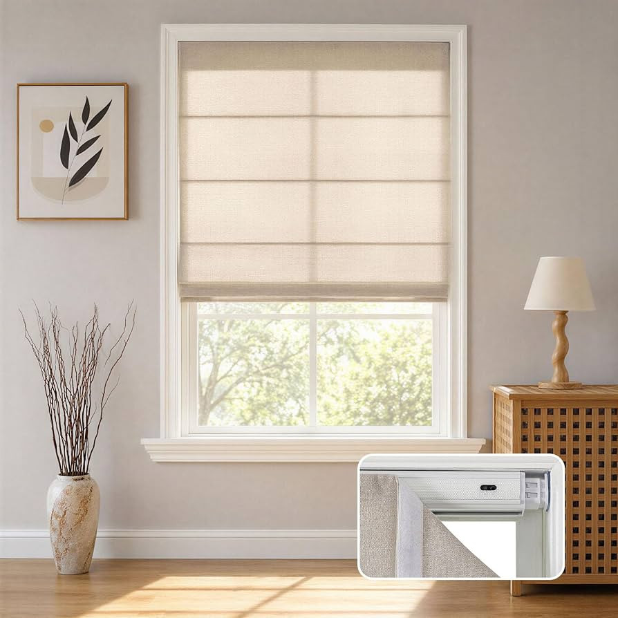 Joydeco No Drill Roman Shades, Light Filtering, 35" W x 72" H, Beige | Amazon (US)