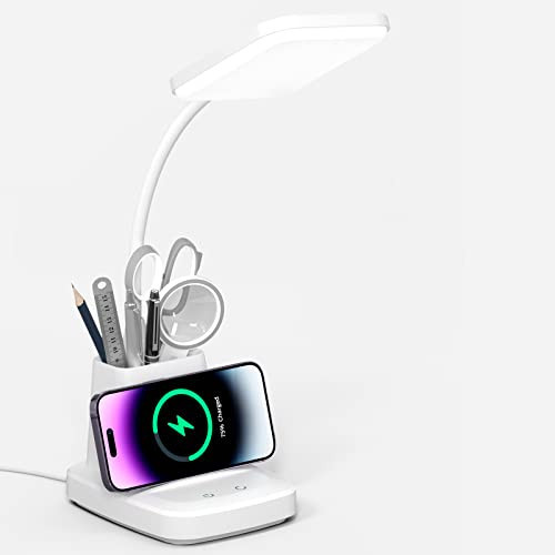 Vicsoon LED Desk Lamp with Wireless Charger for Home Office, Small with Pen Holder, 800LM,3 Color Modes,Gooseneck, Eye-Caring White Desk Lamps for Home College Dorm Room | Amazon (US)
