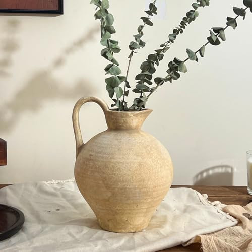TDIAVH Rustic Home Decor Ceramic Rustic Vase with Handle, Beige Terracotta Pottery Vases, Vintage Farmhouse Flower Vase for Living Room, Kitchen, Office, Wedding, Farmhouse Centerpiece, 8.86 Inch | Amazon (US)