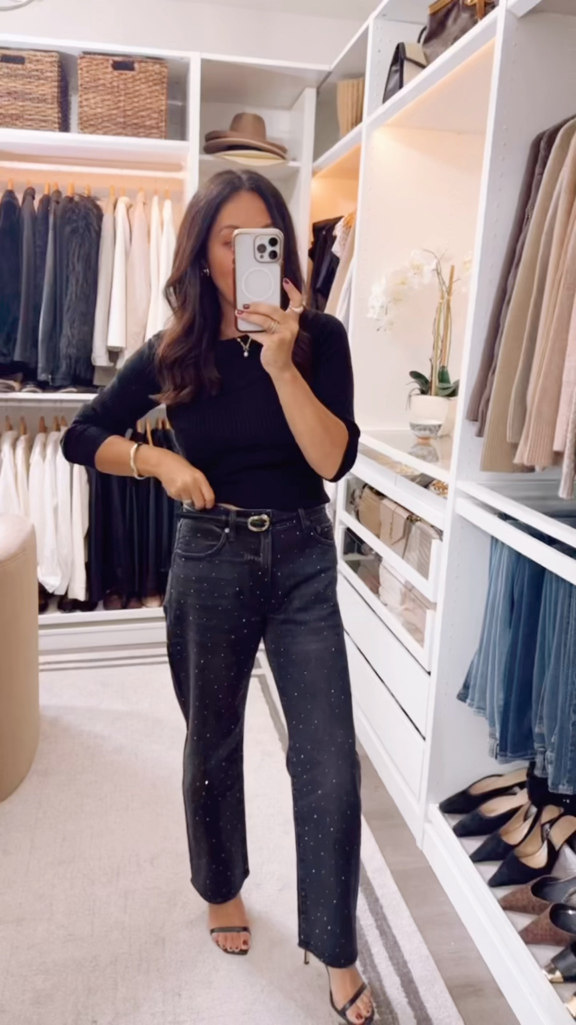 Sparkle denim for the holidays! Subtle barrel silhouette Fit TTS 