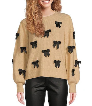 Zarie Fluffy Ribbed Knit Crew Neck Long Blouson Sleeve Bow Trim Sweater | Dillard's