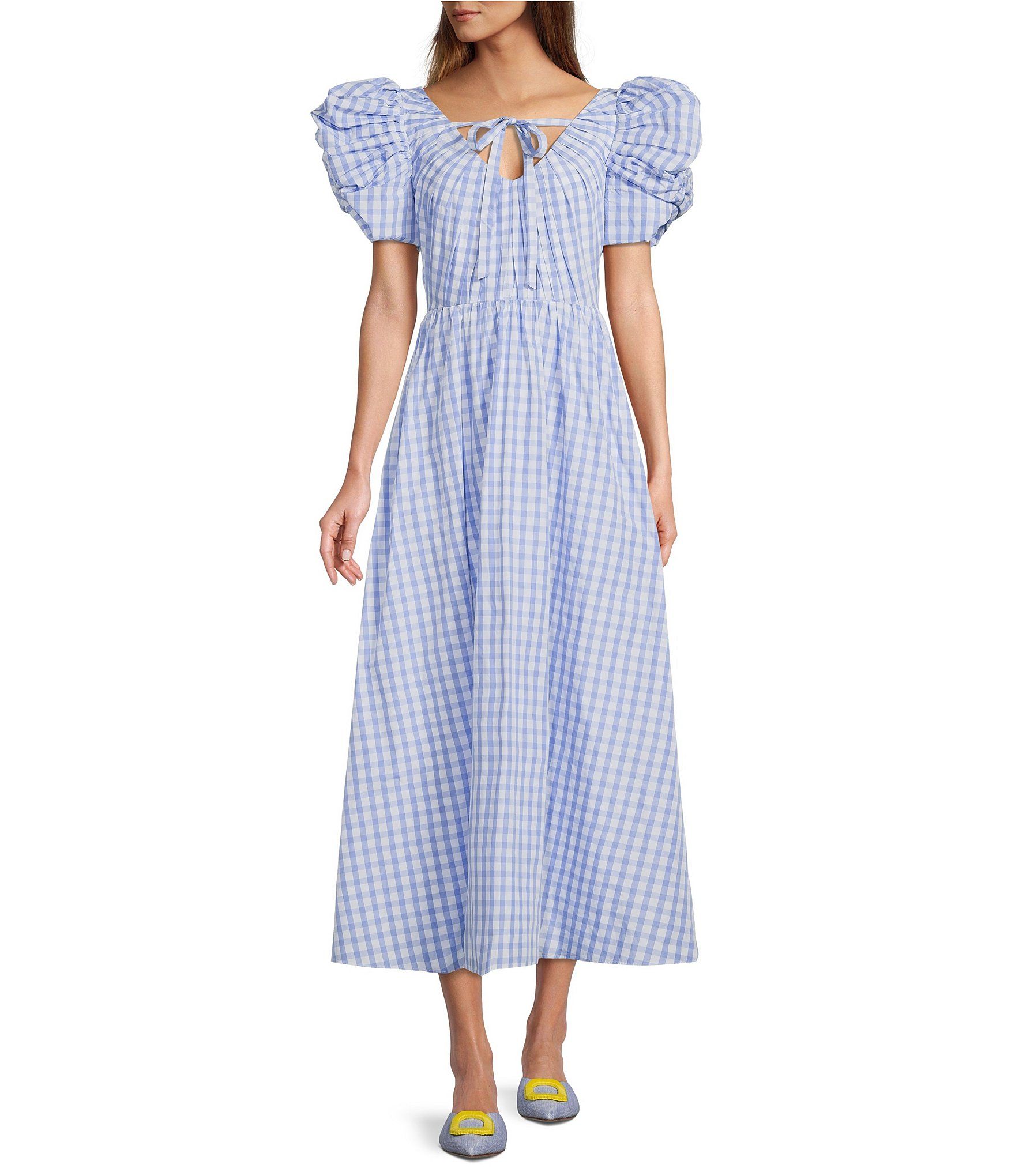 x Jennifer Sumko Catherine Gingham Tie Neck Puff Sleeve Taffeta A-Line Midi Dress | Dillard's