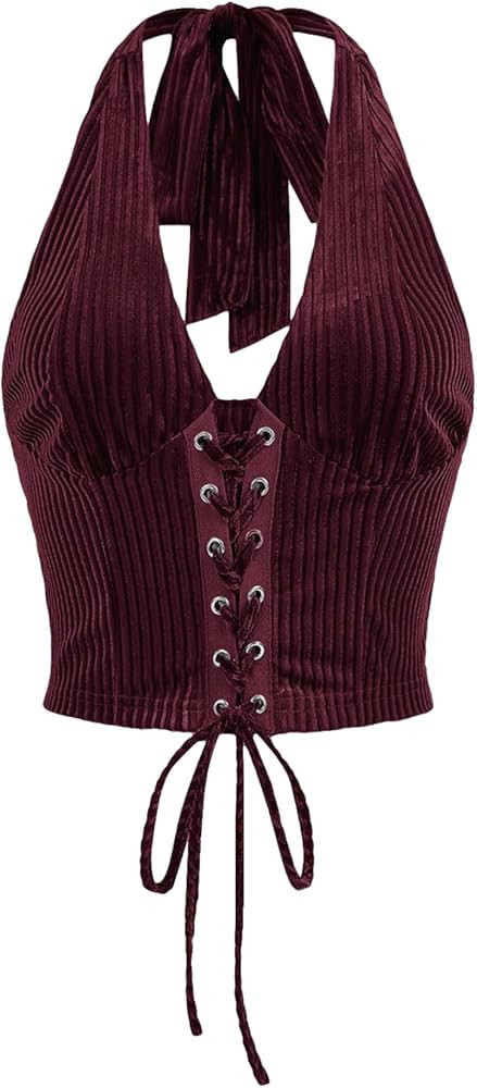Verdusa Women's Going Out Halter Corset Tops Sleeveless Lace Up Open Back Crop Top | Amazon (US)