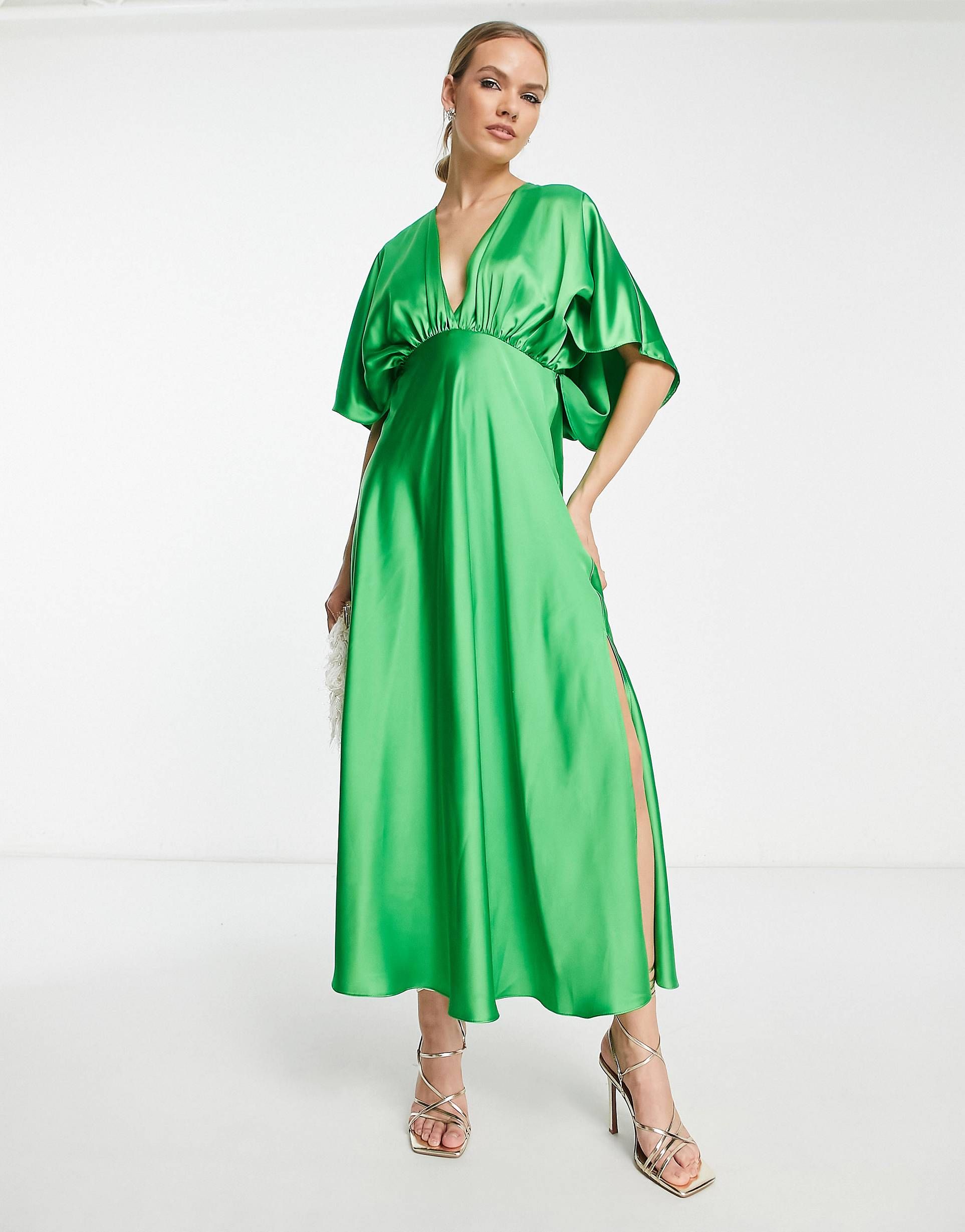 ASOS DESIGN v front batwing sleeve satin midi dress in bright green | ASOS (Global)