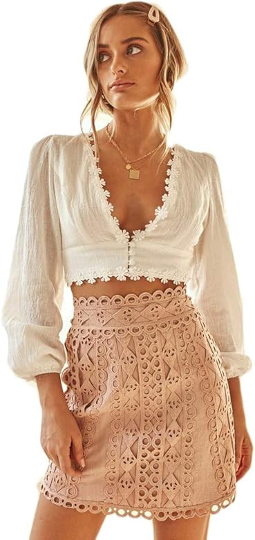Women's Lace Button Down Crop Top Long Sleeve V Neck Short Blouse Shirt | Amazon (US)