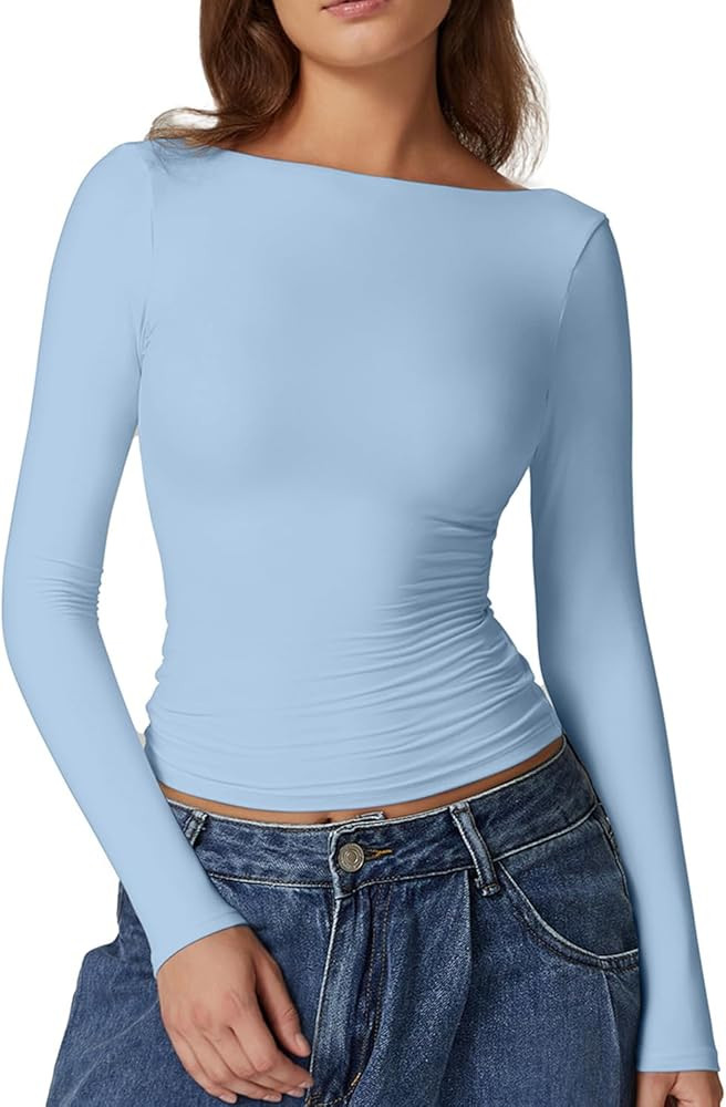 QINSEN Women's Sexy Open Back Long Sleeve Shirts High Neck Double Lined Tees Fitted Going Out Top... | Amazon (US)