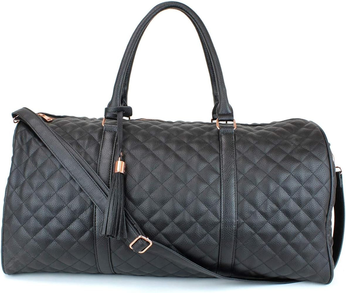 Women's Quilted Leather Weekender Travel Duffel Bag With Rose Gold Hardware - Large 22" Size Duff... | Amazon (US)