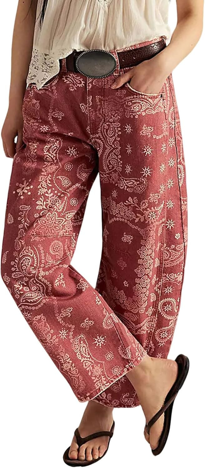 loveimgs Women Boyfriend Baggy Barrel Jeans Floral Print Denim Ankle Pants Wide Leg Mid Rise Jeans Sweatpants Y2k Patchwork | Amazon (US)