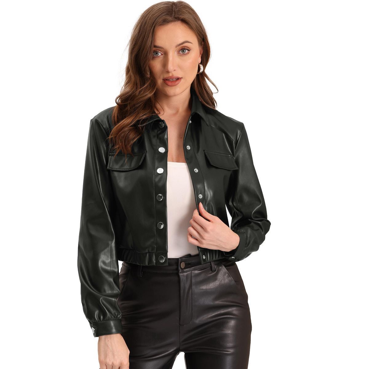 Allegra K Women's Collar Button Front Moto Cropped Faux Leather Jackets | Target