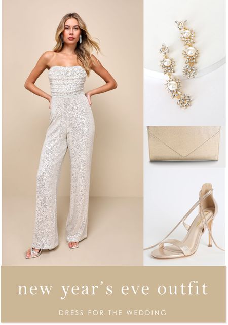Sequin jumpsuit 
Holiday outfit 
New Year’s outfit 
Bachelorette party outfit 
Bride to be outfit 
Gold strappy heels 
Statement earrings 
Bag
Gold clutch 
Rehearsal dinner outfit 
Engagement Party outfit 
White sequin jumpsuit 
Engaged, planning a wedding or attending several weddings? Dress for the Wedding is a curated wedding shopping site. Follow us on LTK to get the product details for this look plus sale alerts on wedding attire, cute dresses under $100, ideas for wedding guest outfits, plus wedding decor and gift ideas! 

#LTKparties #LTKwedding #LTKfindsunder100