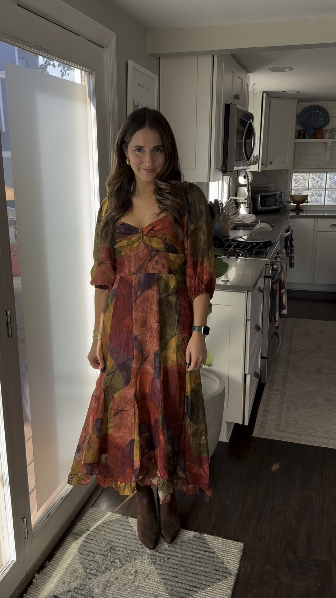 The most perfect Fall dress 😍 wearing this to my friends baby shower today and I just loveee the colors! It would be great for a Fall wedding, too! #outfitinspo #outfitidea #style #fashion #anthropologie #weddingguest #weddingguestdress #falloutfits #falloutfitinspo 

Size small in dress
True size in shoes
Lip color - 

Electric picks code - LAURENA20
Tarte code - LAURENROSE 

#LTKFindsUnder50 #LTKSeasonal #LTKWedding