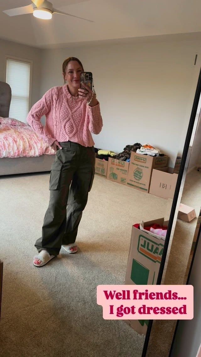 Well friends… I got dressed. Wearing cargo pants, pink knitted sweater and fuzzy slide sandals. 

#LTKSeasonal #LTKOver40 #LTKStyleTip