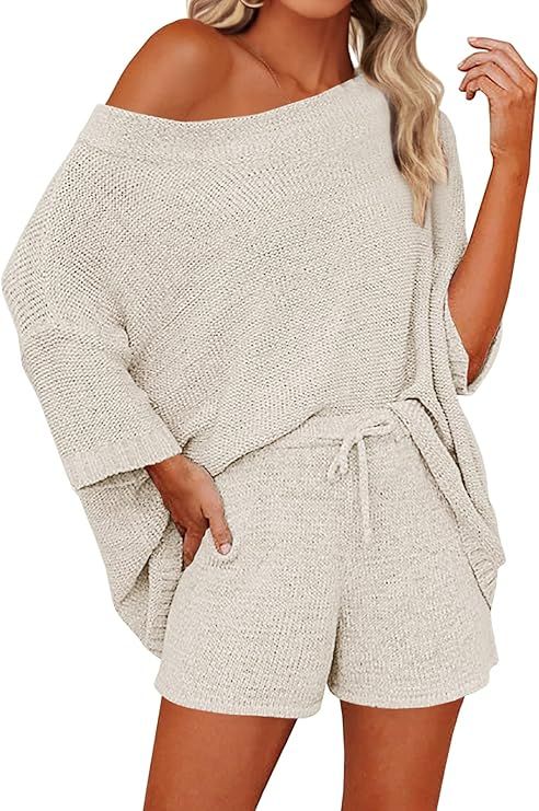 Mafulus Women's 2 Piece Outfits Sweater Sets Off Shoulder Knit Top Shorts Matching Suits Cute Paj... | Amazon (US)